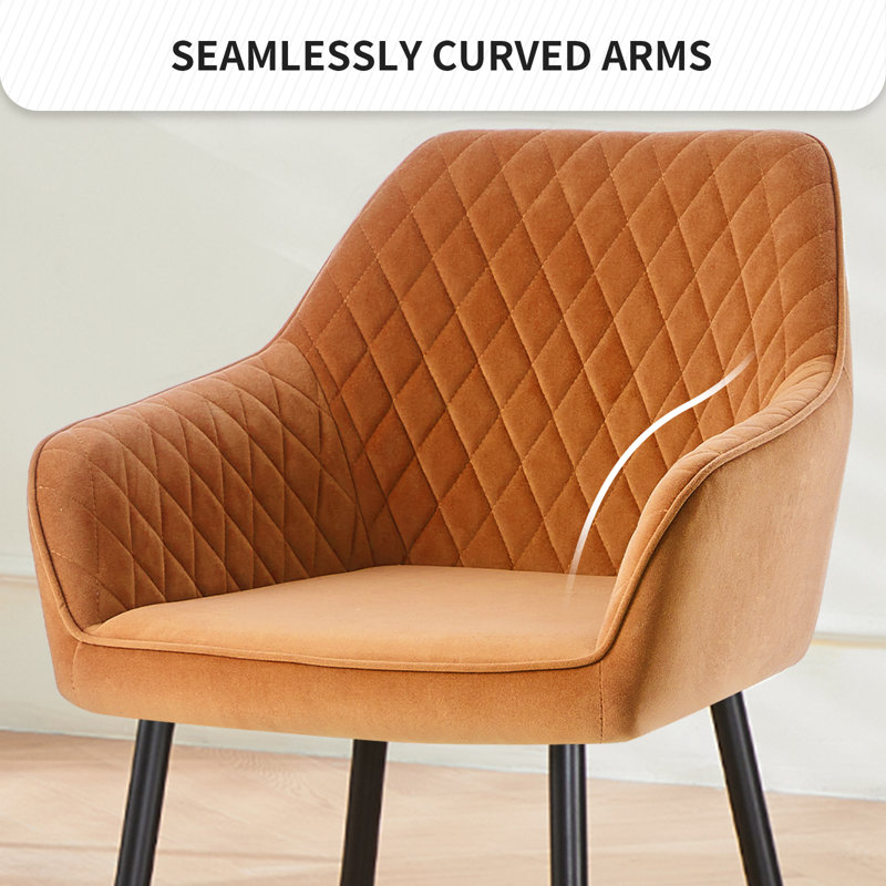 Velvet Upholstered Dining Chairs With Armrests & Diamond Tufting  , Orange
