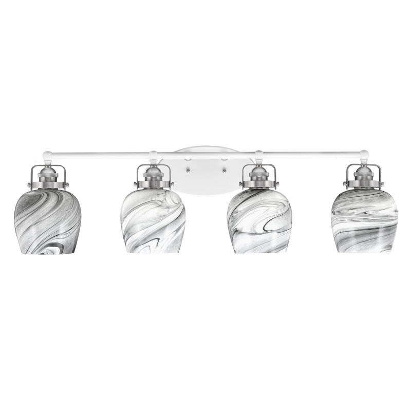 Barre d'éclairage de salle de bain 4 lumières avec verre tourbillon onyx 6 "Easton, Blanc / nickel brossé