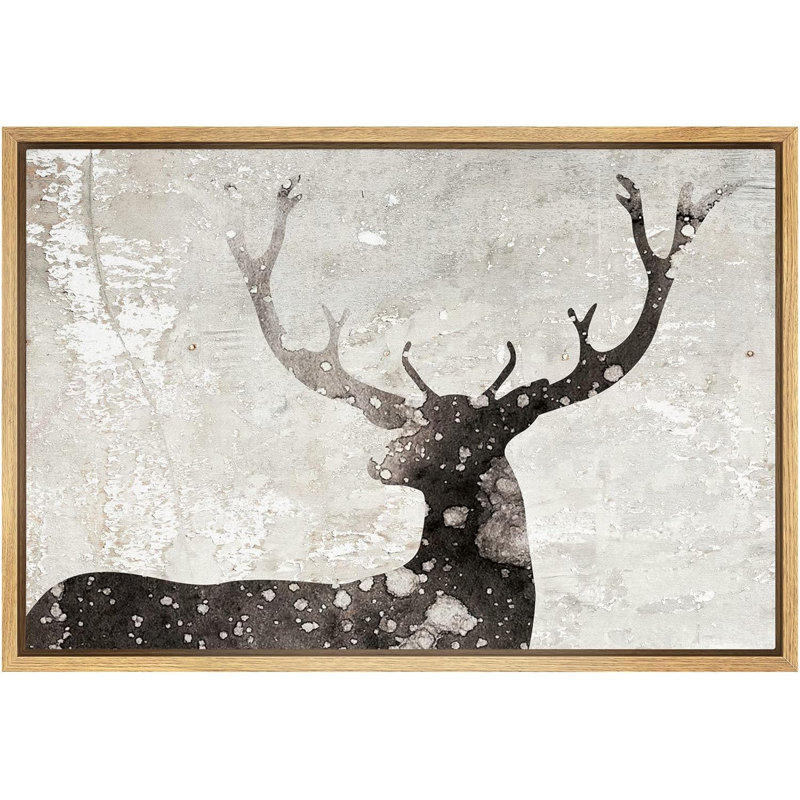 Natural Wood Framed Black and White Deer Canvas Print
