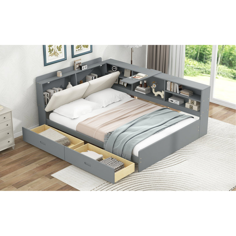 Gray Full Size Wood Bed With Storage Headboard, 2 Drawers, Pine + And Comfortable Sleep Surface Headboard Shelves High - Load Capacity Construction