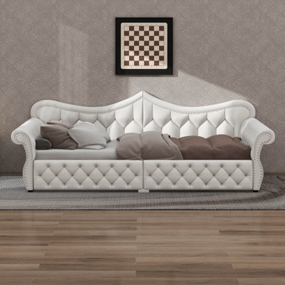 Grand lit de jour avec éclairage DEL‌ et capitonnage à losanges, lit de jour rembourré avec décoration cloutée et dossier, accoudoir