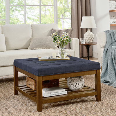 Grande table basse avec repose-pieds capitonné en lin et structure en bois de hêtre, repose-pieds surdimensionné pour le salon