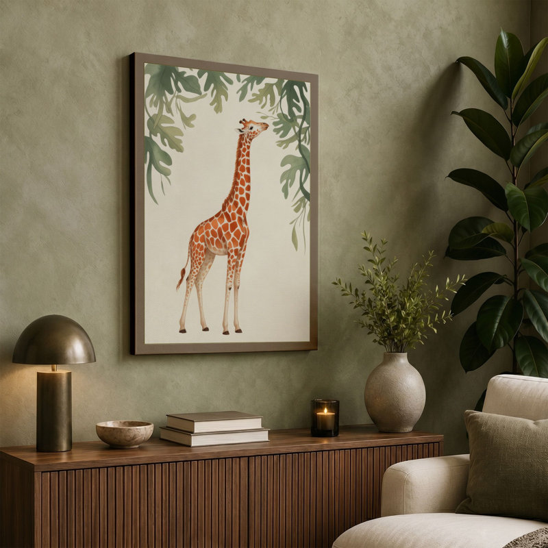 Giraffe Reaching High Boho - Wrapped Canvas, 18x12 - 45.7 x 30.5 cm, Sage Border