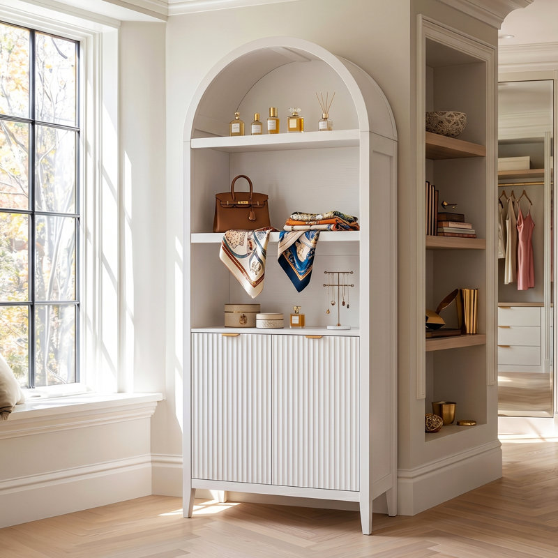 Arched Bookcase with 5 Shelves, 71" Tall Bookshelf with Door, White, White