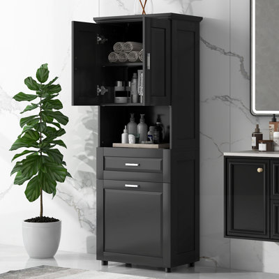 Grande armoire de salle de bain avec panier à linge, grand panier de rangement inclinable et armoire supérieure