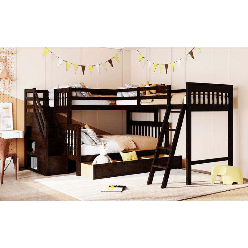 Twin Over Full L-Shaped Bunk Bed - Finish. 3 Drawers & Staircase For Utility. Strong Solid Wood Construction. Family A Priority. 6+ Years Recommended. Assembly Required Color. Storage Option. Robust