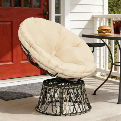 Chaise de patio pivotante à 360 degrés avec table d'appoint intégrée, coussin rembourré de 3,9 po, repose-pieds réglables, gris foncé, idéale pour les balcons et les espaces intérieurs, avec plateau, rembourrée
