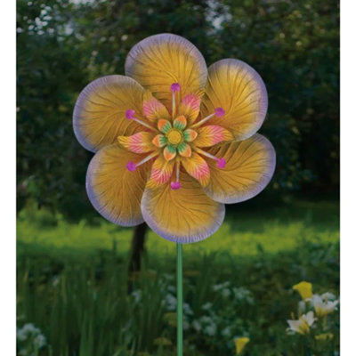 Metal Textured Flower Wind Spinner Garden Stake with Powder Coated Finish and Durable Ball Bearings