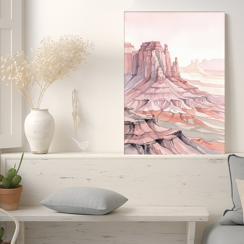 Rose, aquarelle, canyon, formation rocheuse, art mural, H 24 po x l 16 po