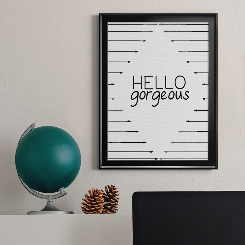 «Hello Gorgeous», art textuel sur toile, H 18,5 po x l 24,5 po x P 1,5 po, Cadre noir