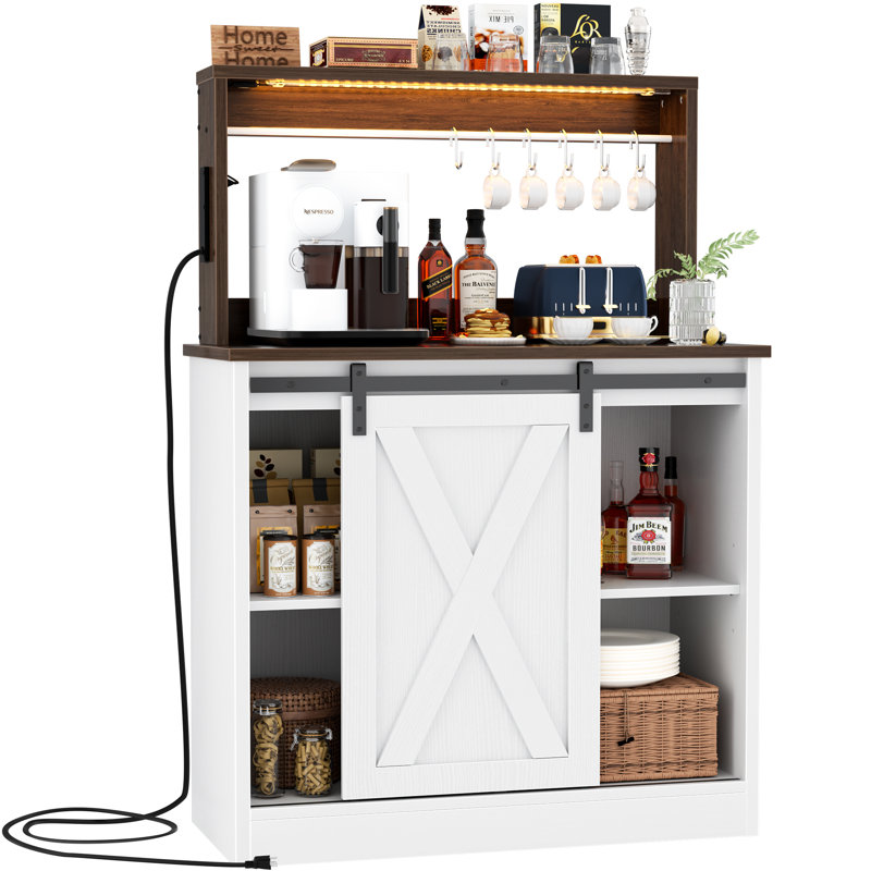 Farmhouse Coffee Bar Cabinet With 6 Hooks, Coffee Bar Hutch With Storage, Buffet Cabinet With Sliding Barn Door, Coffee Bar Table With Adjustable Shelves For Living Dining Room
