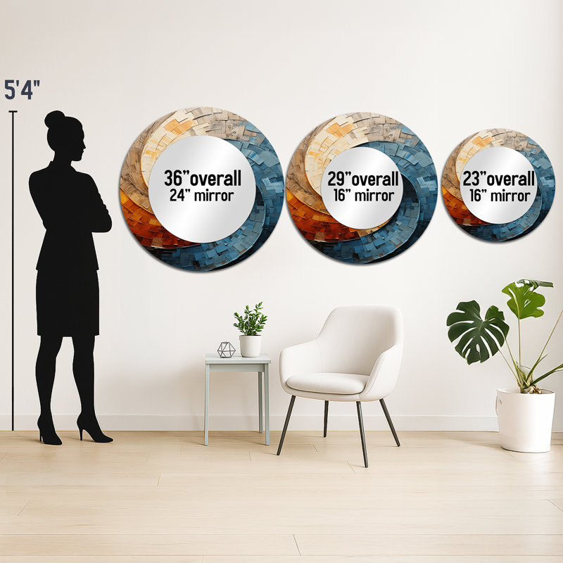 Collaged Spiral - Abstract Spirals Large Mirror, Teal Round Decorative Wall Mirror, Printed Metal Art, 23" x 23"