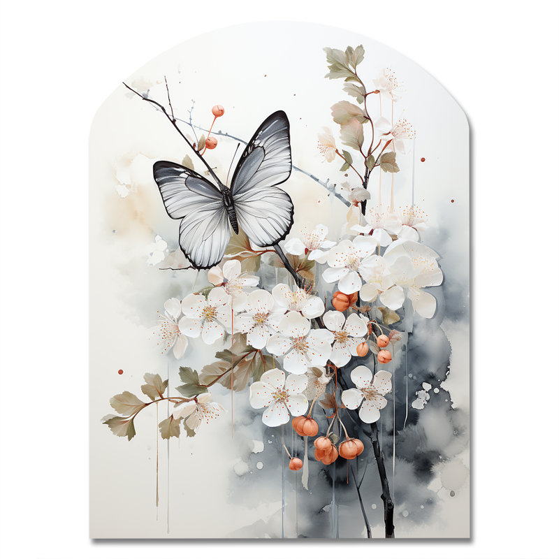 Art asiatique, papillon blanc et gris - art mural asiatique, décoration murale asymétrique, H 34 po x l 25 po