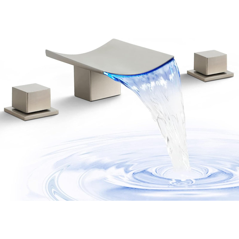LED Bathroom Waterfall Sink Faucets, 8 Inch Widespread Bathroom Faucet 3 Hole, 2 Handle Roman Tub Faucet Deck Mount Waterfall Sink Faucet
