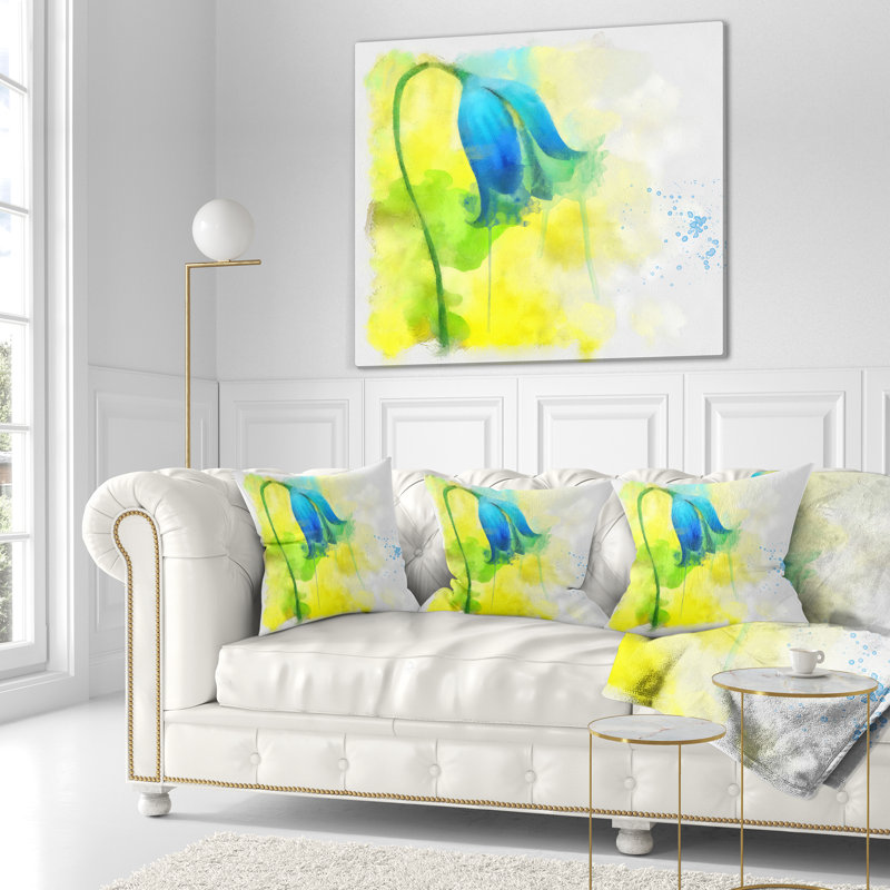Fleur bleue avec éclaboussures jaunes - coussin à imprimé floral, 16 po x 1 po, Coussin décoratif