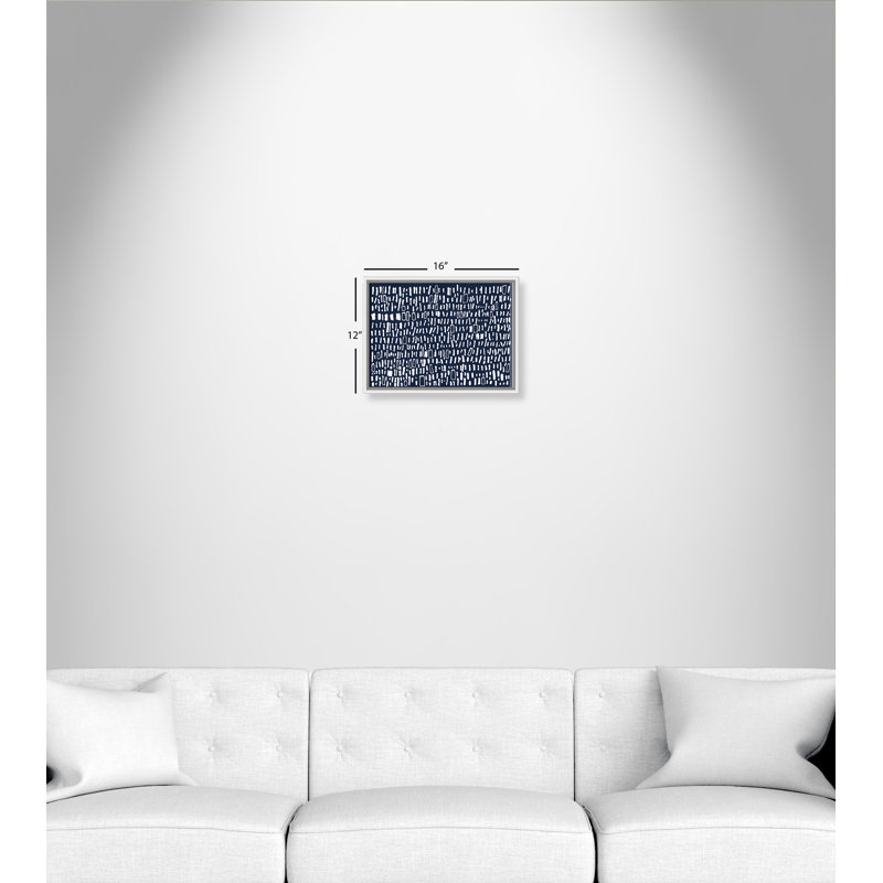 Tribal code-bleu marine-, peinture sur toile, Cadre blanc, H 12 po x l 16 po x P 2 po