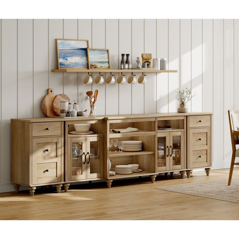 Corretta Buffet Cabinet With 4 Glass Doors, Shelves, and Drawers, Oak/Oak