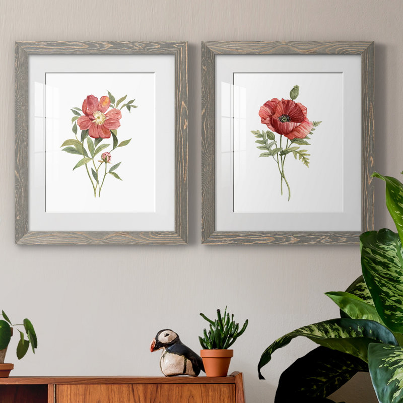 Pivoine écarlate - ensemble de 2 reproductions d'art, H 20 po x l 17 po x P 1 po, Blanc, Cadre en papier gris