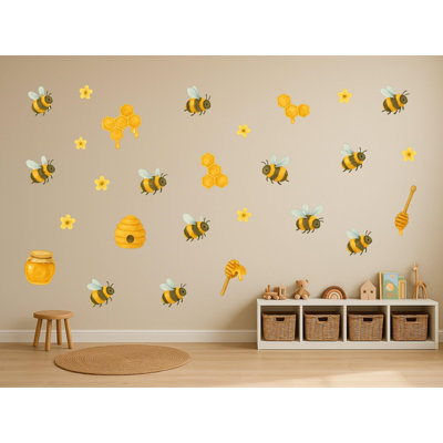 Bee And Honeycomb Wall Decals, Set of 27 Peel and Stick Nursery Wall Stickers, Satin Finish Removable Kids Room Wall Art, 20"W x 20"H (50 x 50 cm)