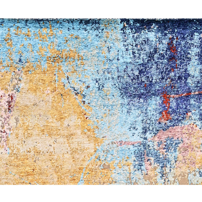 Tapis argenté et bleu noué à la main de haute qualité, Rectangle 9 pi x 12 pi