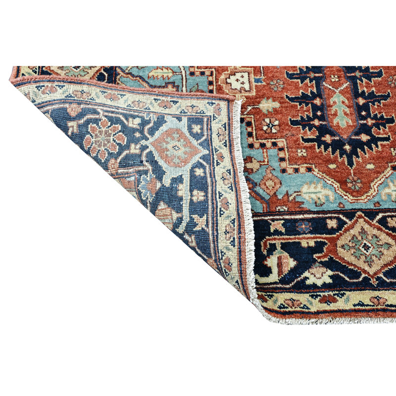 Hand Knotted Wool Area Rug in Red And Blue, Rectangle 4' x 6'