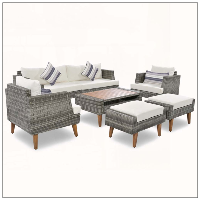 Ensemble de canapé en osier 6 pièces 6 pièces avec coussins doubles et housse de table, Gris/beige