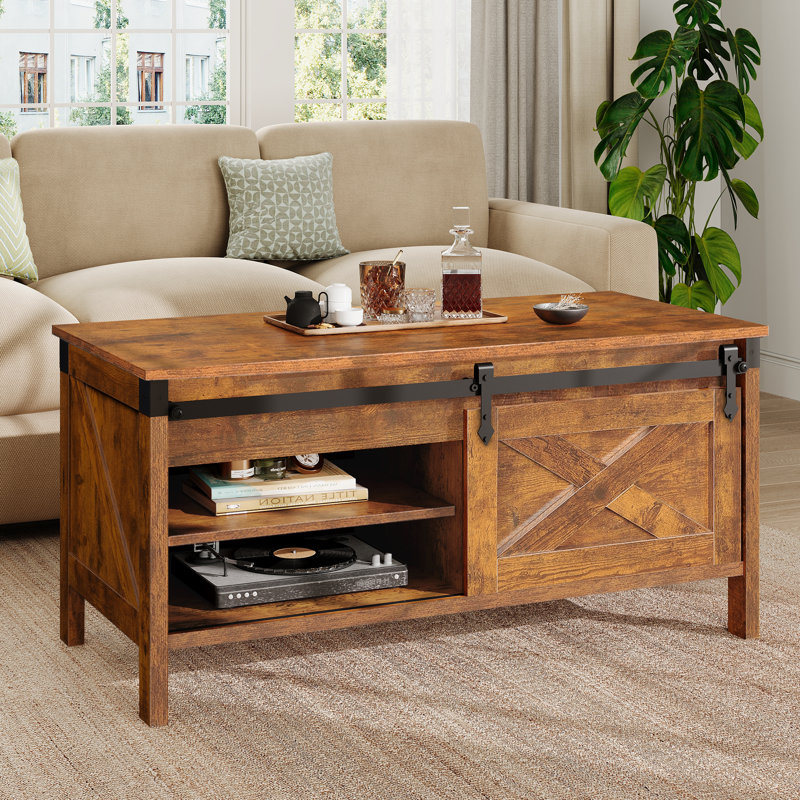 Table basse Wynny à plateau relevable avec rangement, table basse en bois de ferme de 39,4 po avec tablette amovible, Brun