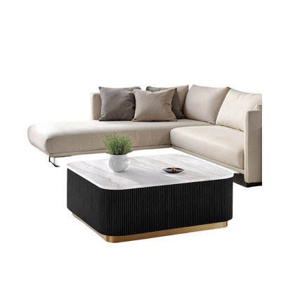 1Pc Square Cocktail Table Marble Top Gold Accent Plinth Base Black White And Gold Finish Primary Living Room