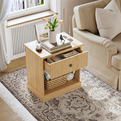 Modern Fluted Nightstand,Fluted End Table with Drawer & Open Shelf, Curved Base Storage Side Table