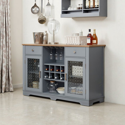 Modern Farmhouse Light Blue Buffet Cabinet with Glass Doors, 2 Drawers, Wine Rack & Glass Holders | Rustic Storage Sideboard for Kitchen or Dining Room (56.46" W x 15.55" D x 35.74" H)