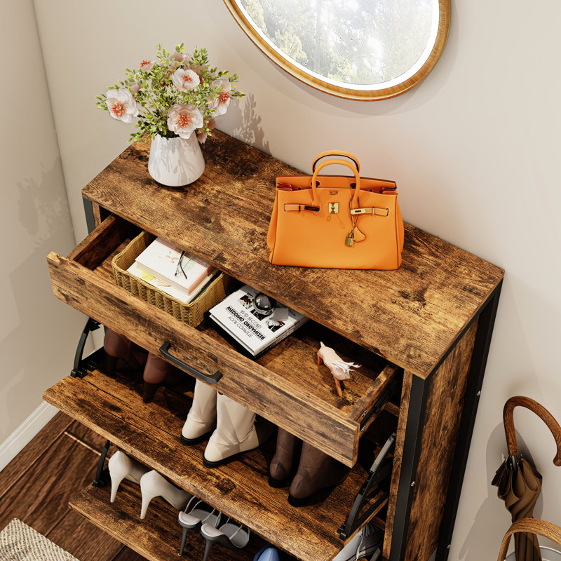 Armoire à chaussures rustique brun avec seau rabattable, 2 couches par seau, pour seaux d'entrée et 1 tiroir, et construction stable