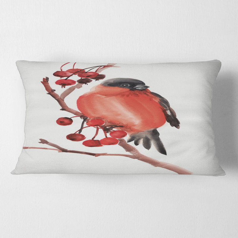 Housse de coussin rectangulaire et insert avec bouvreuil sur une branche avec baies