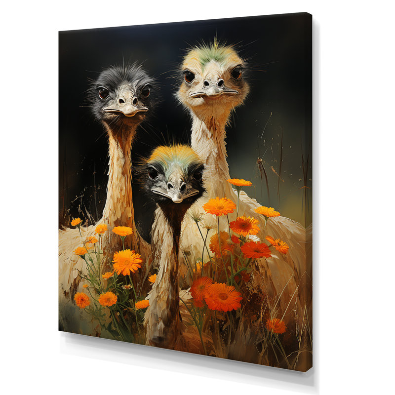 Autruches gracieuses sur autruche sur toile, Toile tendue, H 32 po x l 16 po