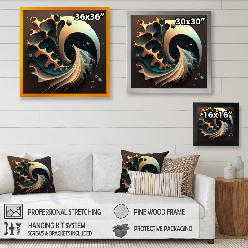 Turquoise Fractal Emanation VI - impression sur toile, Impression noire sur toile encadrée, H 30 po x l 30 po x P 1 po