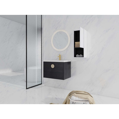 Meuble-lavabo mural avec lavabo en céramique et armoire latérale à 1 porte, portes à fermeture douce (KD-Packing)