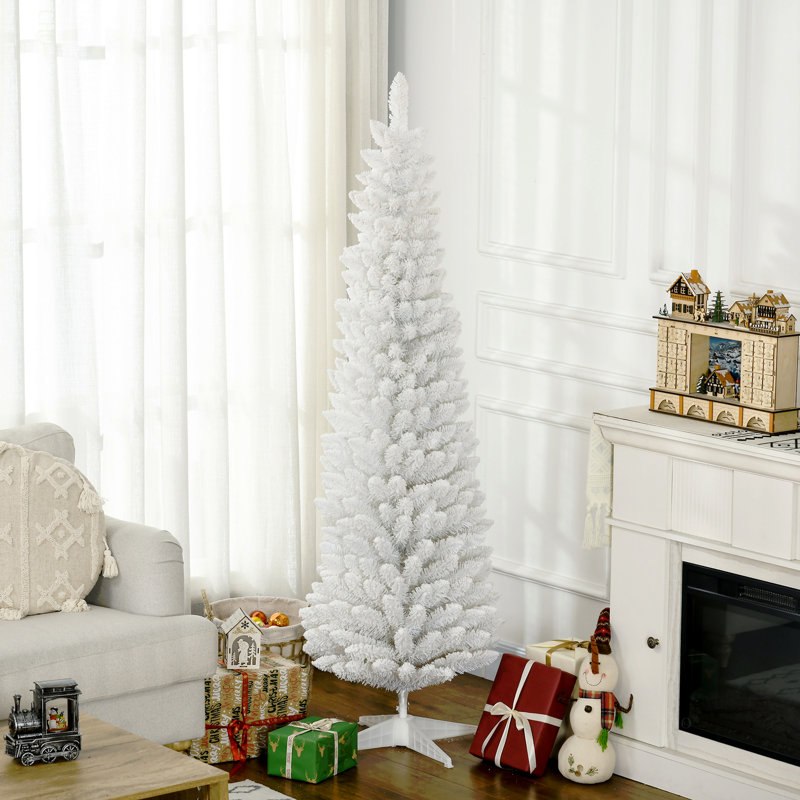 Arbre de Noël artificiel enneigé 6 pi, arbre de Noël mince avec branches réalistes et base en plastique, 5.9', Blanc