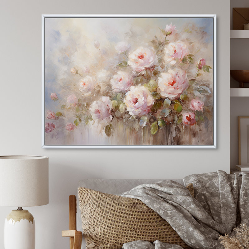«Pink Roses Farmhouse Charm - Roses, art sur toile, Reproduction avec cadre flottant, H 16 po x l 32 po, White