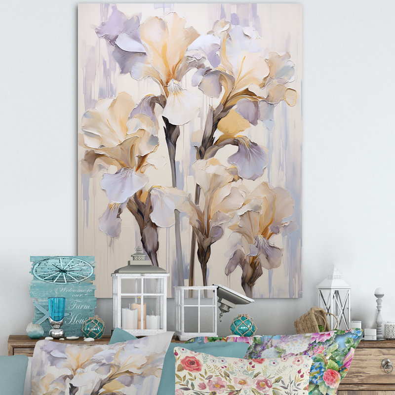 Beige, minimalisme, iris, pétales rayonnants V - iris, estampes murales, Toile tendue, H 32 po x l 24 po x P 1 po
