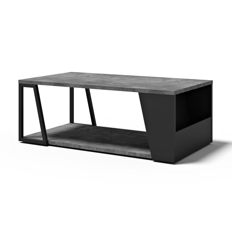 Sharrion Floor Shelf Coffee Table, Concrete Look, Black Metal
