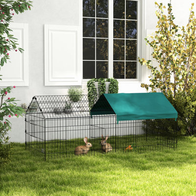 Parc pour petits animaux de 73 po - Cage idéale pour les lapins, les poulets, les chinchillas. Intérieur et extérieur avec pinces verrouillables, assemblage facile, multiples piquets de sol, toit ombragé pour animaux de compagnie.