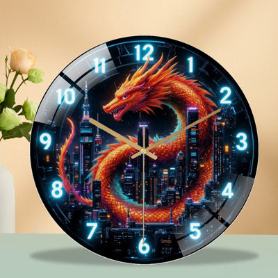 Horloge murale silencieuse en verre trempé de 30 cm, « Horloge Dragon City », sans tic-tac, fonctionne avec des piles AA (non incluses), décoration artistique pour la maison