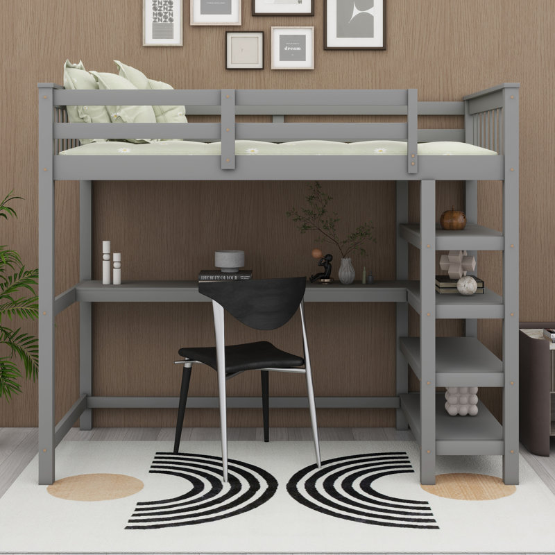 Solid Pine Wood Frame Loft Bed With Under-Bed Desk And Storage Shelves, Gray, Twin