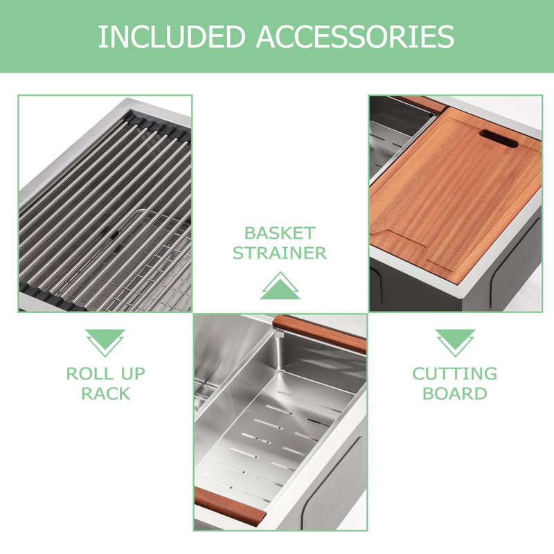 30"L x 22"W Farmhouse / Apron Single Bowl Stainless Steel Workstation Kitchen Sink, Brushed Nickel, 10"H x 30" W x 22" D