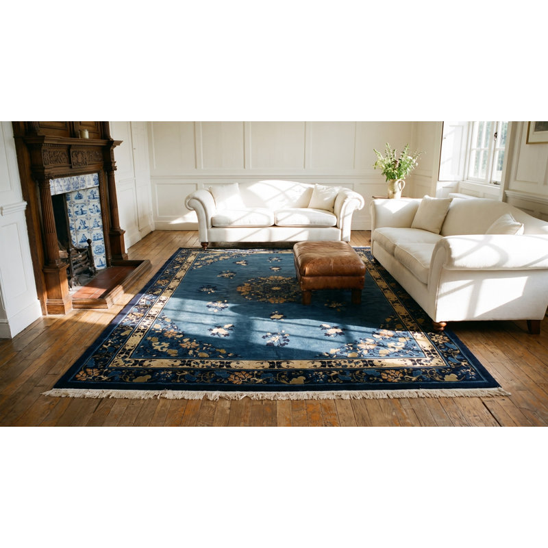 Wool Hand Knotted Pile Blue Rectangle 1920s Antique Rug