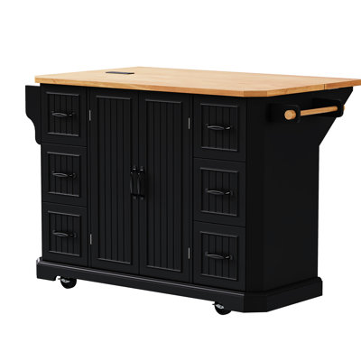 Rolling Kitchen Cart With Drop Leaf, 47" Wide Top & 2 Doors, Black Large Storage Island Beveled Edges 6 Drawers,