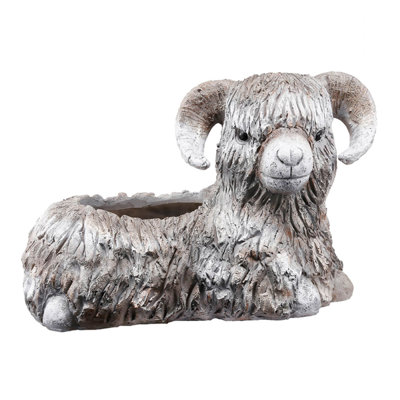 Outdoor Planter, Mountain Sheep Sculpture, Cream And Gray Resin 15 Inch