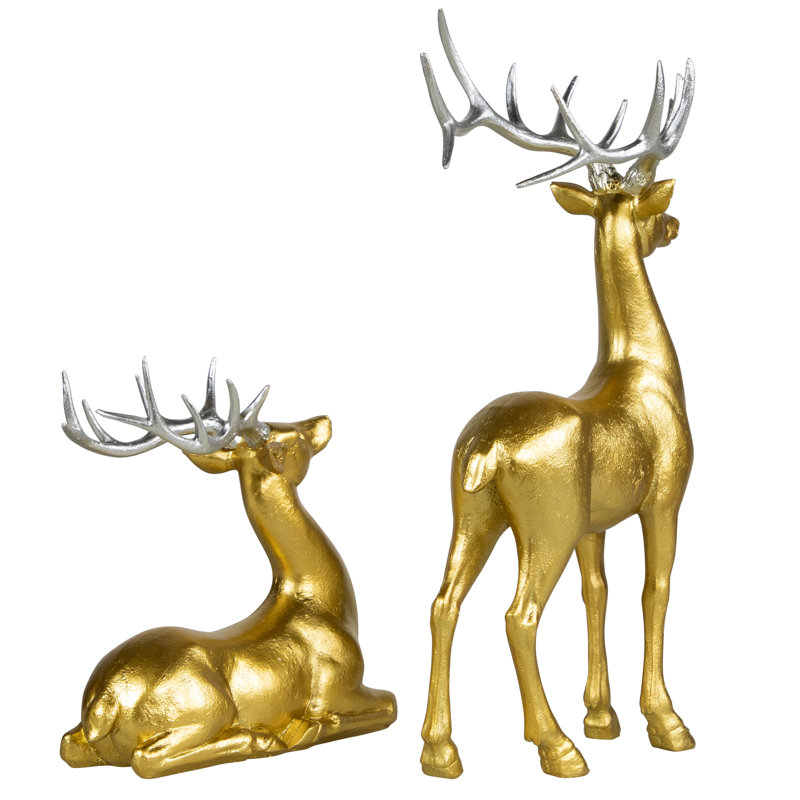 Standing And Sitting Reindeer Christmas Figures - Gold - Set Of 2