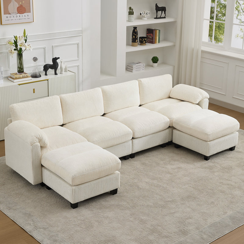 6-Seater Modular Sectional Sofa With 2 Ottomans, Beige Chenille