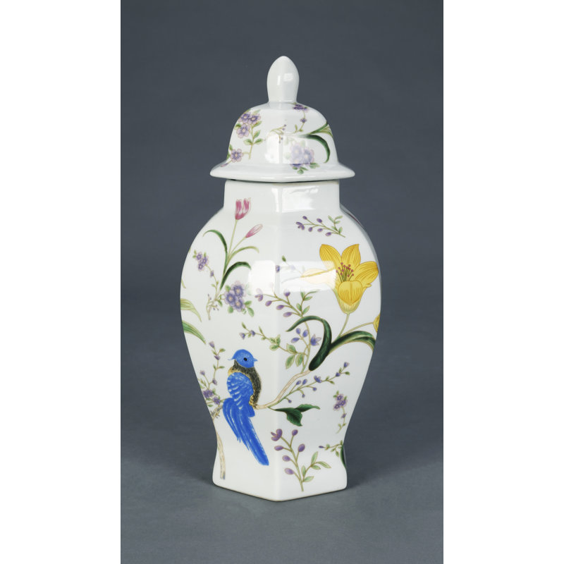 White Ceramic Floral and Bird Ginger Jar with Lid