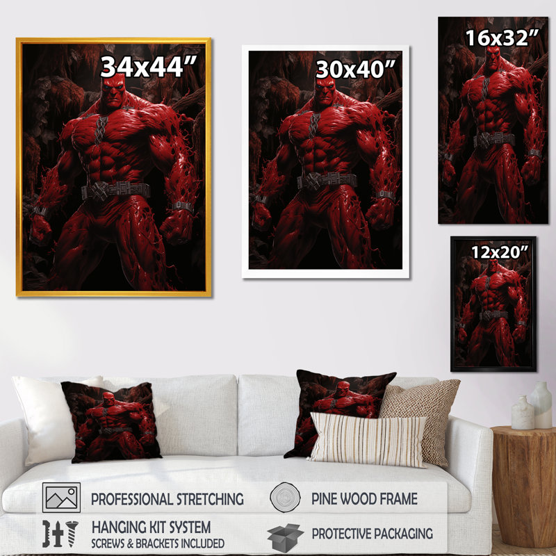 Art de superhéros géant rouge I - Giants, Cadre simple noir, H 20 po x l 12 po x P 1 po